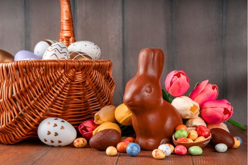 Mona de pasqua conill de xocolata i diferents ous de xocolata